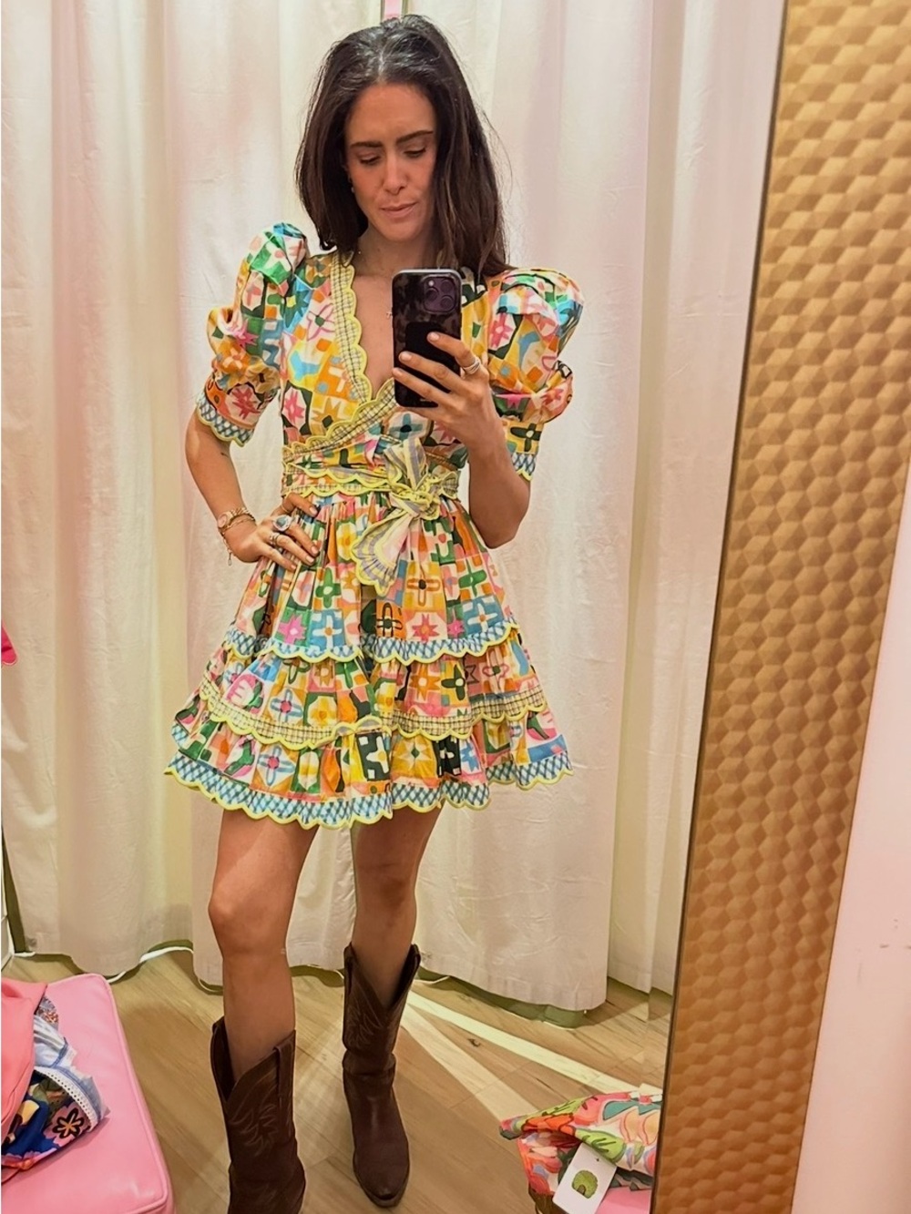 Celia B Puff-Sleeve Mini Dress in Multicolor Print